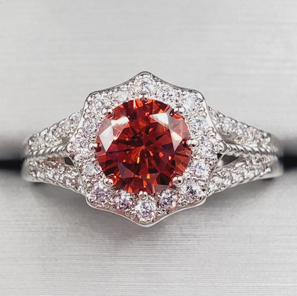 Red Ruby Simulant & Diamond Simulants Rhodium Plated Silver Tone Halo Ring - Picture 1 of 6